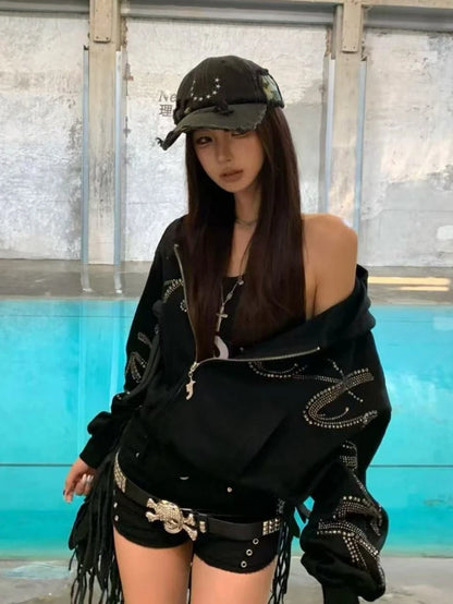 American Streetwear Vintage Hooded Jacket Long Sleeve Women Casual Letter Print Y2K Coat Retro Zipper 2025 Autumn New Arrival