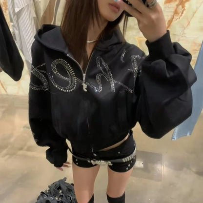 American Streetwear Vintage Hooded Jacket Long Sleeve Women Casual Letter Print Y2K Coat Retro Zipper 2025 Autumn New Arrival