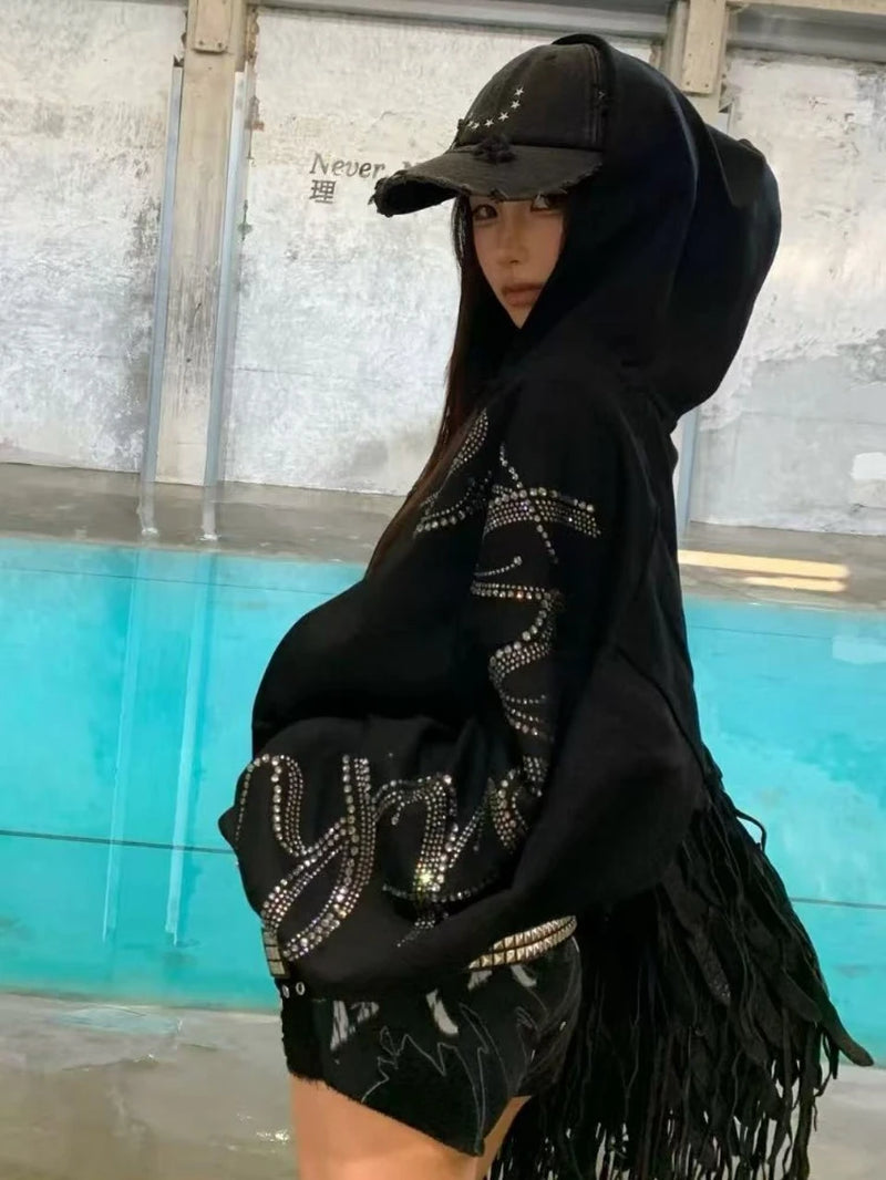 American Streetwear Vintage Hooded Jacket Long Sleeve Women Casual Letter Print Y2K Coat Retro Zipper 2025 Autumn New Arrival