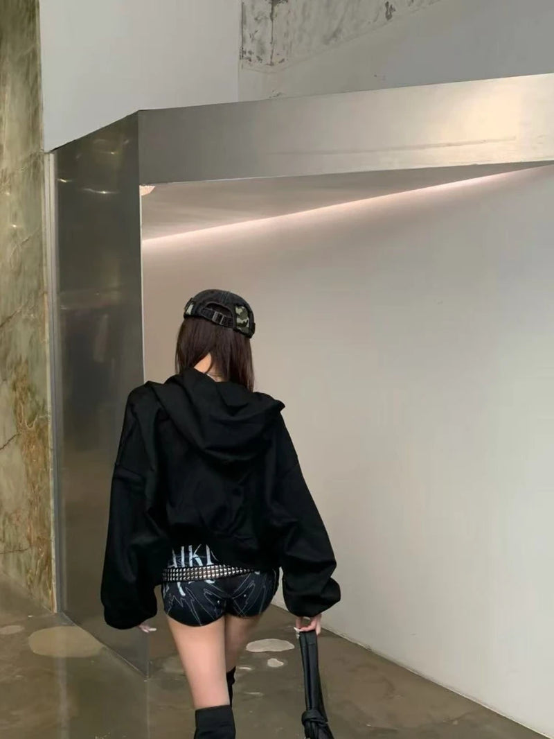 American Streetwear Vintage Hooded Jacket Long Sleeve Women Casual Letter Print Y2K Coat Retro Zipper 2025 Autumn New Arrival